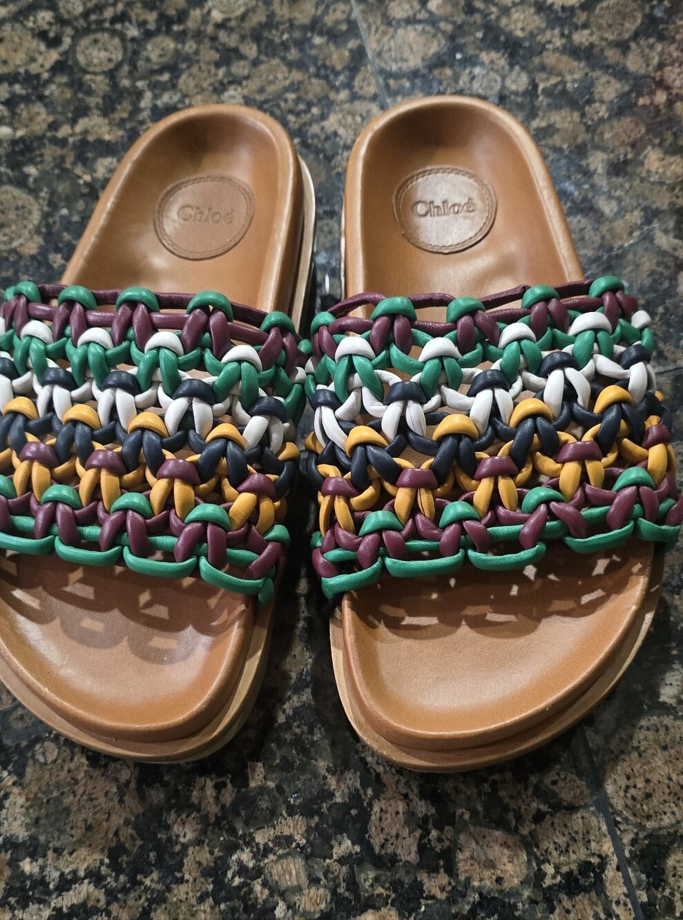 Chloé Tan Leather Slide with Multicolor Braided Straps